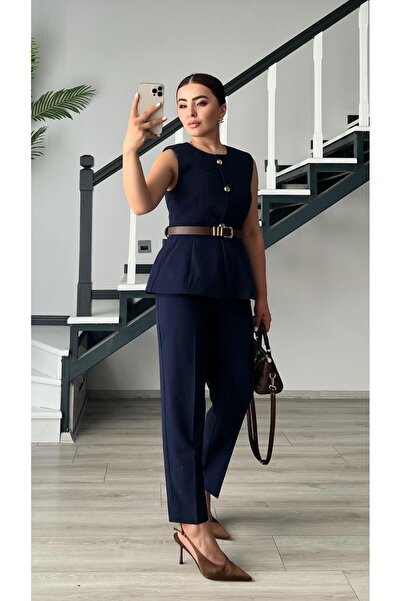 Oslove Navy Blue Belted Double Crepe Trousers
