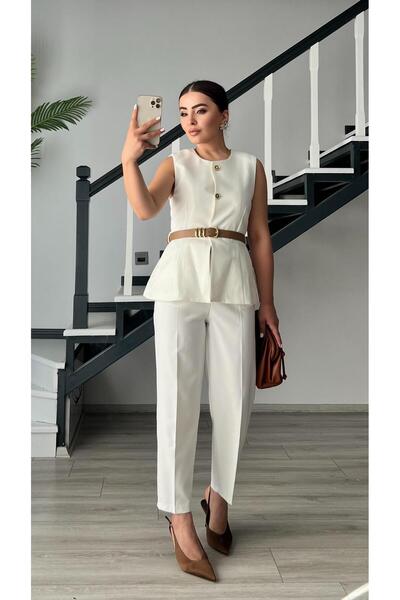 Oslove White Belted Gold Button Double Crepe Vest