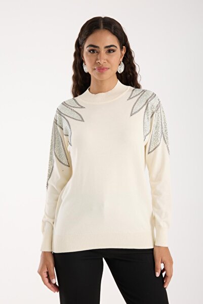 Moda Days Women's Ecru Half Turtleneck Shoulder Stone Embroidered Knitwear Sweater
