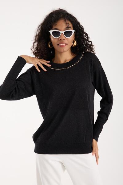 Moda Days Women's Black Crew Neck Stone Stripe Glitter Knit Sweater
