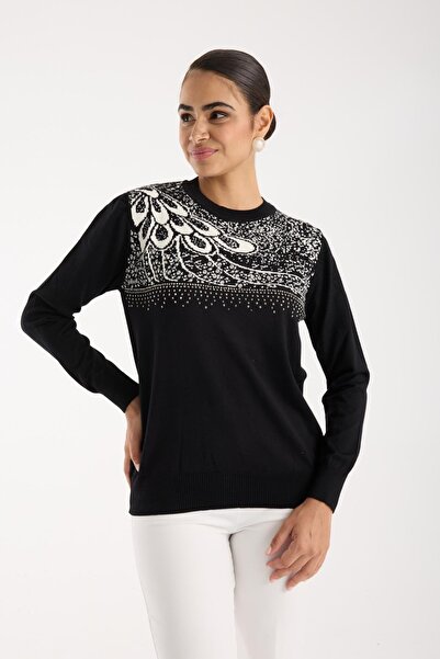 Moda Days Women's Black Crew Neck Stone Embroidered Knitwear Sweater