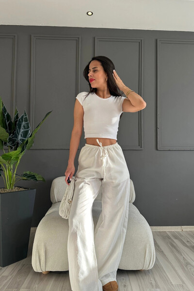 hazelin Women's White Pocketed Elastic Waist Wide Leg Linen Trousers Hzl24S-Zk11051