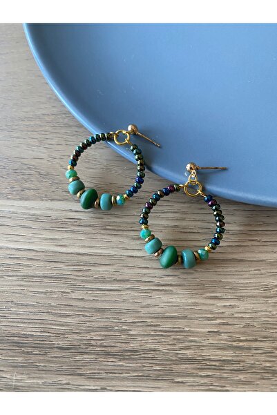 dela otantik Yeşil Boncuklu Halka Küpe – El Yapımı Bohem Otantik Etnik Bijuteri Takı