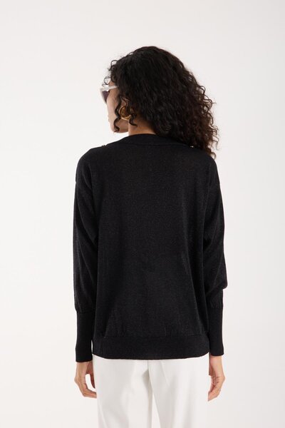Moda Days Women's Black Crew Neck Stone Stripe Glitter Knit Sweater