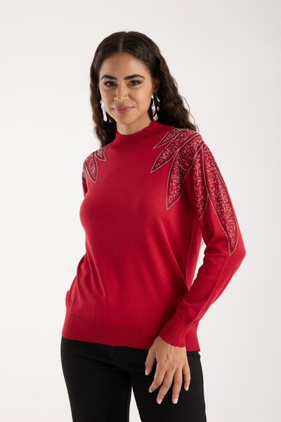 Moda Days Women's Red Half Turtleneck Shoulder Stone Embroidered Knitwear Sweater