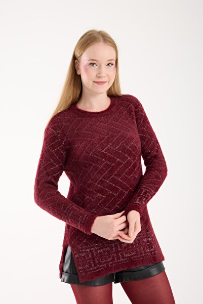 Moda Days Women's Burgundy Glitter Crew Neck Side Slit Knit Sweater