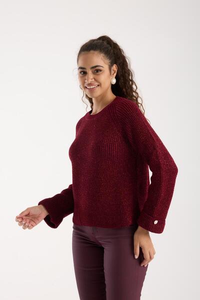 Moda Days Women's Burgundy Glitter Crew Neck Raglan Sleeve Single Button Cuffed Knit Sweater