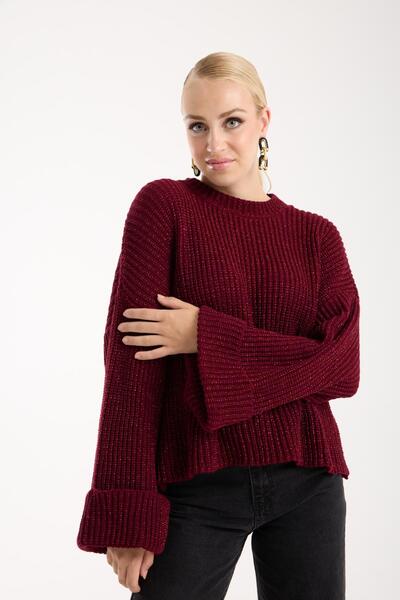 Moda Days Women's Burgundy Glitter Crew Neck Thessaloniki Knitwear Sweater