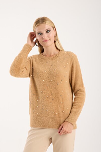Moda Days Pulover de tricotat pentru femei, bej guler rotund cu incrustații d...