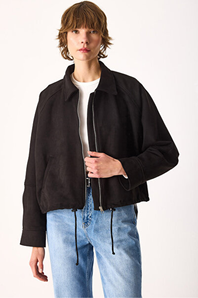 VENA Regular Fit Crop Suede Jacket-Black