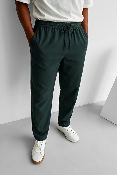 COMBİNE MİCHAİL Men's Khaki Loose Linen Trousers with Elastic Waist