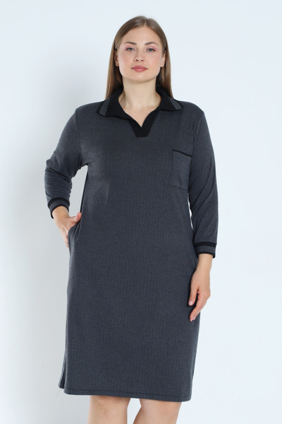 İntensive Patterned Three Quarter Sleeve Pocketed Polo Neck Jacquard Women's Plus Size Dress