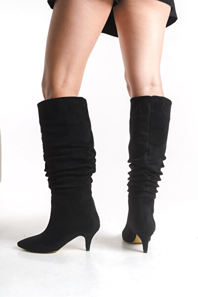 Limeo Women's Drawstring Detailed Pointed Toe Thin Heeled Black Long Boots