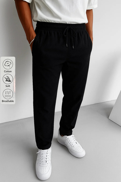 COMBİNE MİCHAİL Men's Elastic Waist Black Loose Linen Trousers