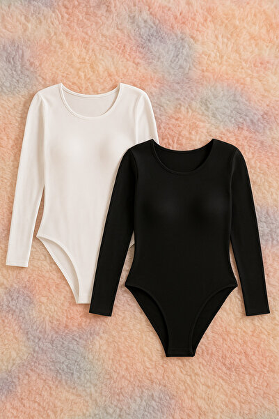 ROZELT Women's Cotton Long Sleeve Wide Neck White-Black 2-Piece Snap-On Bodysuit