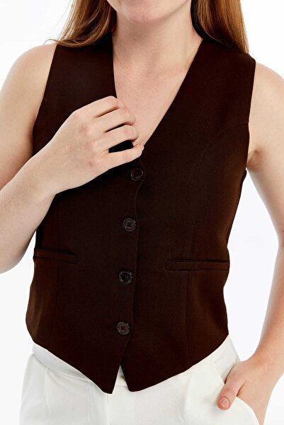 lovmi Women's Lined Bodycon Buttoned Stylish V-Neck Vest