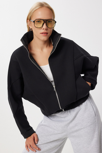Lovelyİstanbul Fermuarlı Şardonlu Örme Sweatshirt LZV0029 SİYAH