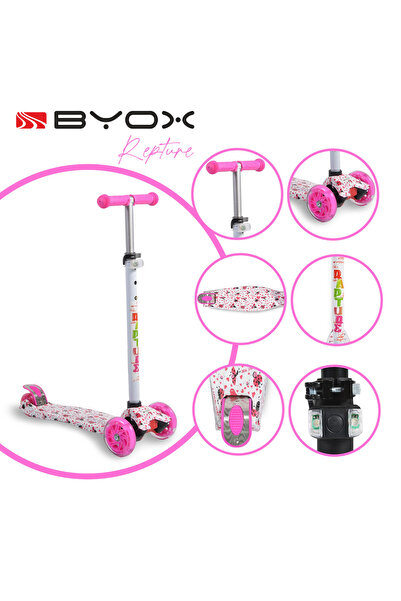 byox Children's scooter 3-5 years old, Rapture White Pink, light weight, wheels with lights and adjustable handlebars