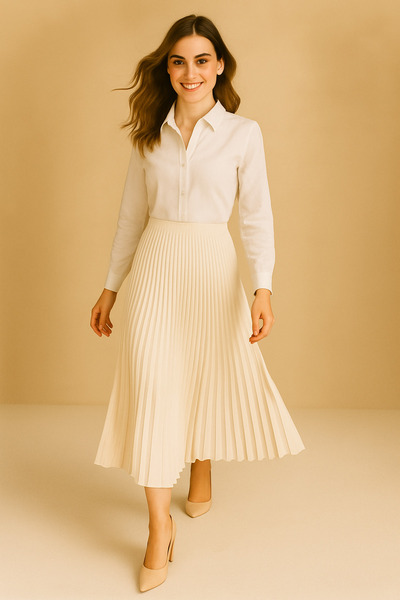 VOICTEC Double Pleated Elastic Waist Knitted Flared Skirt Standard Size (38-44 Compatible)