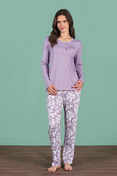 Pijadore Kadın Mor Renk Uzun Kollu Düğmeli Pijama Takımı C9T6N91