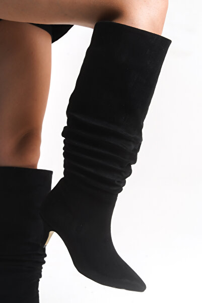 Limeo Women's Drawstring Detailed Pointed Toe Thin Heeled Black Long Boots