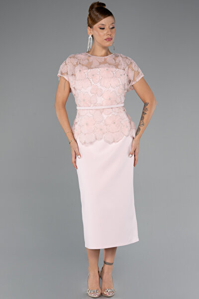 Abiyefon Pudra Kısa Kol Desenli Midi Dantel Büyük Beden Abiye ABK2448