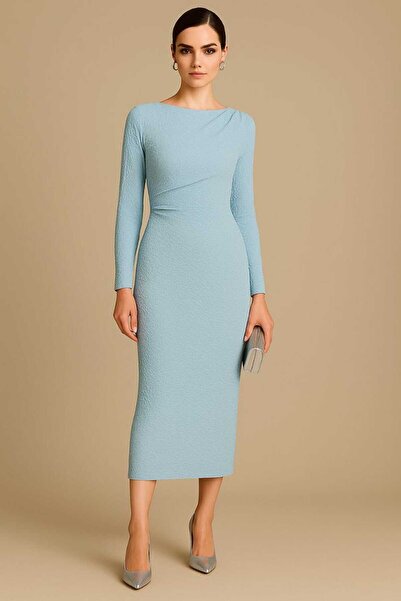 YAKAMOZ34BUTİK YANDAN BÜZGÜLÜ BÜRÜNCÜK KABARTMA ELBİSE