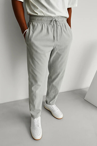 COMBİNE MİCHAİL Men's Elastic Waist Gray Loose Linen Trousers