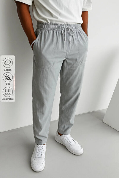 COMBİNE MİCHAİL Men's Elastic Waist Gray Loose Linen Trousers