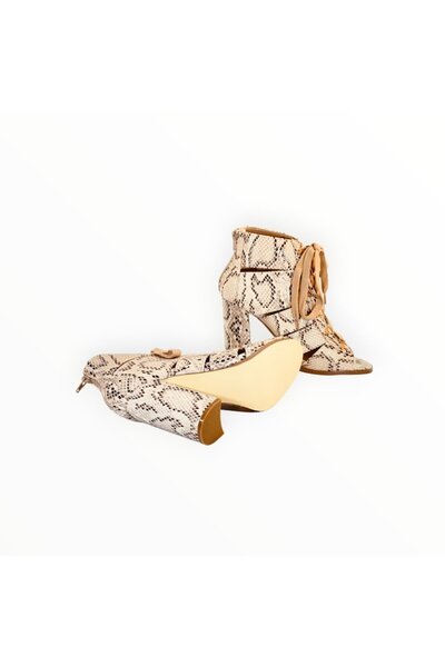 JustFab Gladiator High Heel Sandals Just Fab Beige Reptile Print, Size 38.5 EU