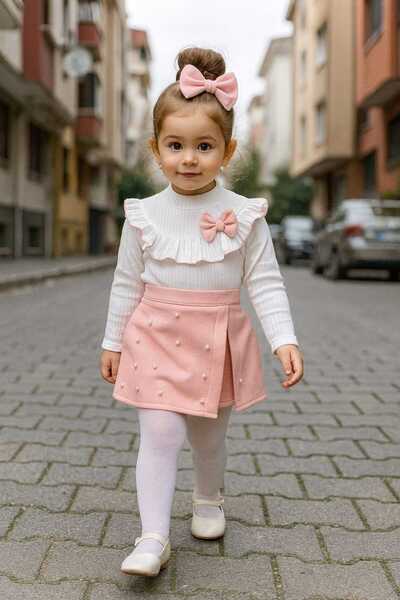 Renata's kız bebek çocuk süet şort etekli fiyonk ve inci detaylı 2 parça şık ...