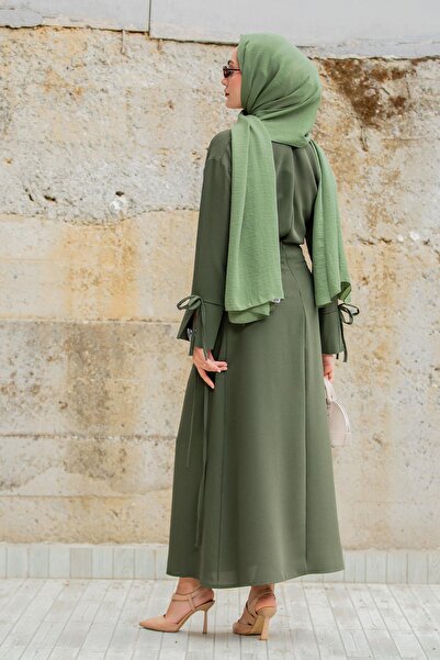 Tesettür Çarşım Krep Anvelop Bağlamalı Etek Bluz Takım-Haki