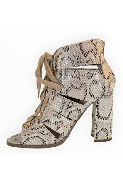 JustFab Gladiator High Heel Sandals Just Fab Beige Reptile Print, Size 38.5 EU