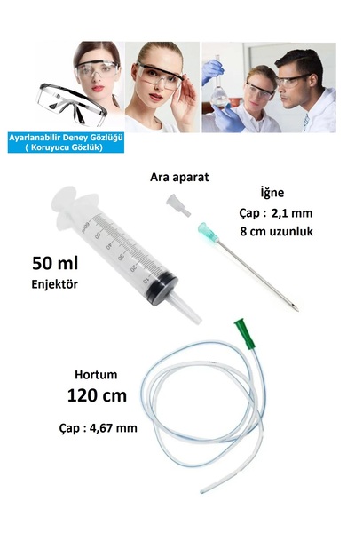 QBR Home Plastik Enjektör Büyük 50ml. Hortumlu. 8cm iğne ve Koruyucu gözlüklü...