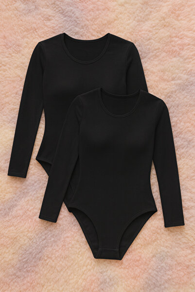 ROZELT Women's Cotton Long Sleeve Wide Neck Black 2-Piece Snap-On Bodysuit