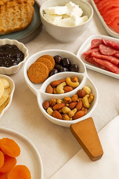 Akkoyunlu home Three-Compartment Wooden Handle Acacia Snack Bowl, Sauce Bowl Cheese Presentation Plate Serving Plate Kayık