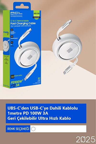 ACL ACK-120 - 1 metre Uzunluğunda PD 100W 3A Geri Çekilebilir Ultra Hızlı Şarj Kablosu