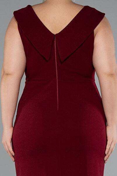 Abiyefon Bordo Kolsuz Midi Büyük Beden Davet Elbisesi ABK2422