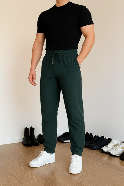 COMBİNE MİCHAİL Men's Elastic Waist Casual Khaki Linen Trousers