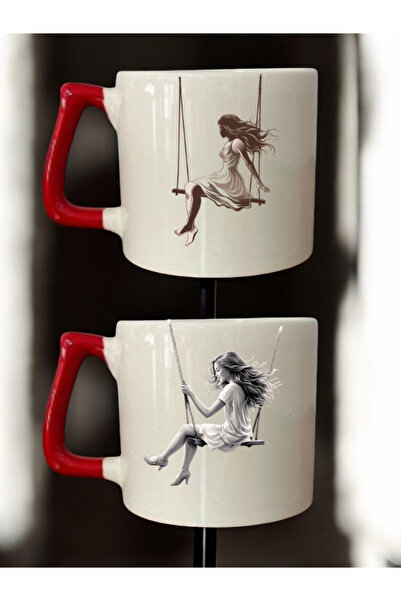 lili hediyelik أكواب قهوة سيراميك مطبوعة بتصميم المرأة على أرجوحة - طقم من قط...