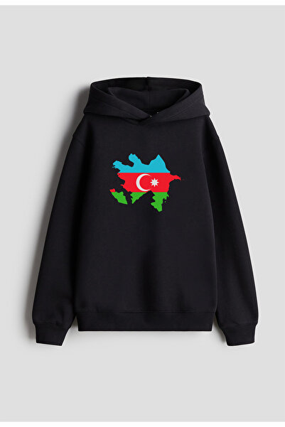 MODA هودي أسود مطبوع عليه علم أذربيجان التركي للنساء والرجال والأطفال