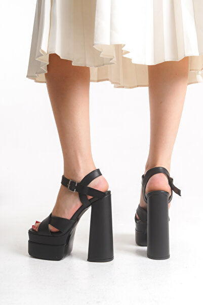 Limeo Cross-Striped Buckle Thick High Platform Women's Wedding Heels Black Evening Dress Shoes