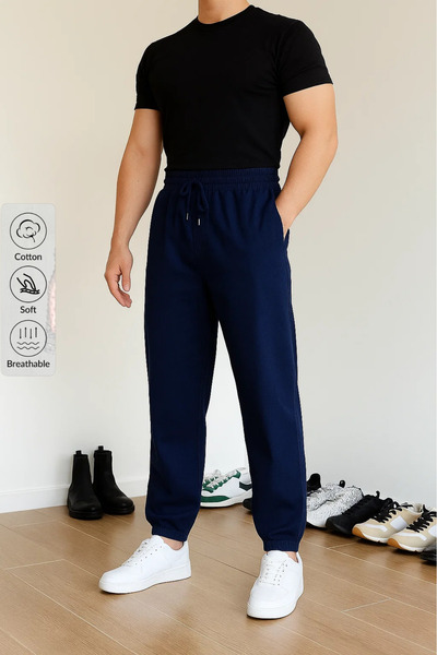 COMBİNE MİCHAİL Men's Elastic Waist Casual Navy Linen Trousers