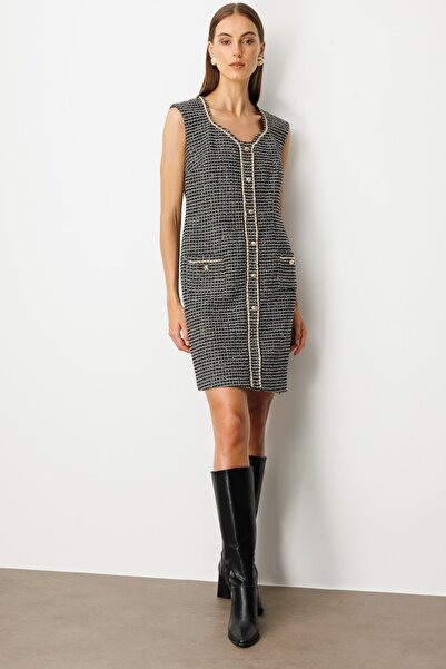 Ekol Zincir Detaylı Midi Tüvit Elbise 4001-25k Siyah