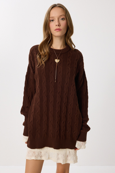 Lovelyİstanbul Oversize Saç Örgülü Triko Kazak LNX0013 KAHVERENGİ