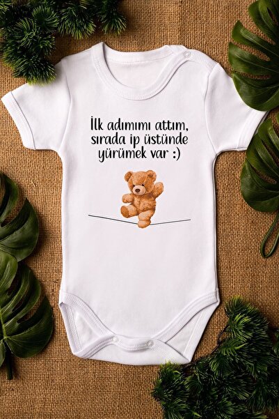 EYDUBABY Organik %100 Pamuk Teddy Bear Ilk Adımımı Attım Bebek Body Kısa Koll...