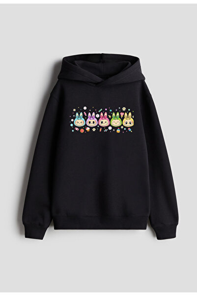 MODA هودي أسود بطباعة دمية لابوبو للأولاد والبنات