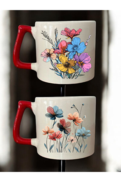 lili hediyelik Beautiful Flowers Printed 2-Piece Coffee Cup Ceramic Mug - Ceramic Tea, Coffee Gift Cup