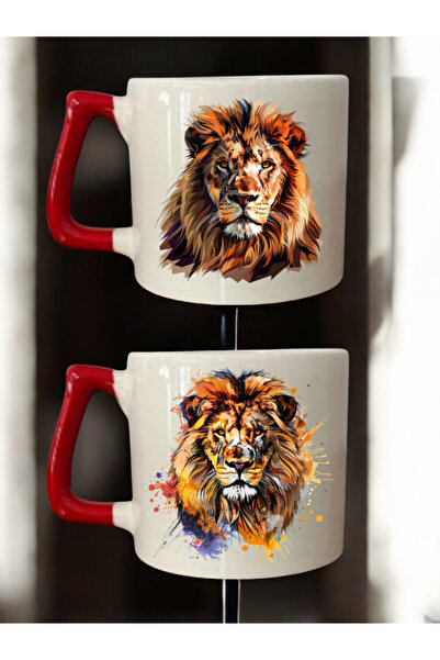 lili hediyelik طقم من كوبين للقهوة مطبوع عليه رسم الأسد - أكواب سيراميك للشاي...