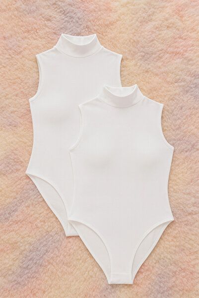 ROZELT Women's Cotton Sleeveless High Neck White 2-Piece Snap-On Bodysuit